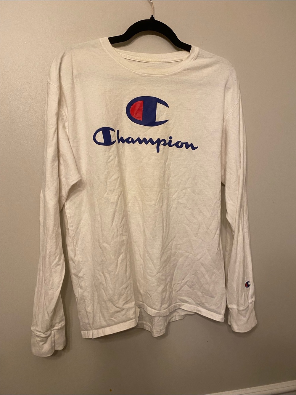 Champion White Long Sleeve T-Shirt with Blue & Red Logo